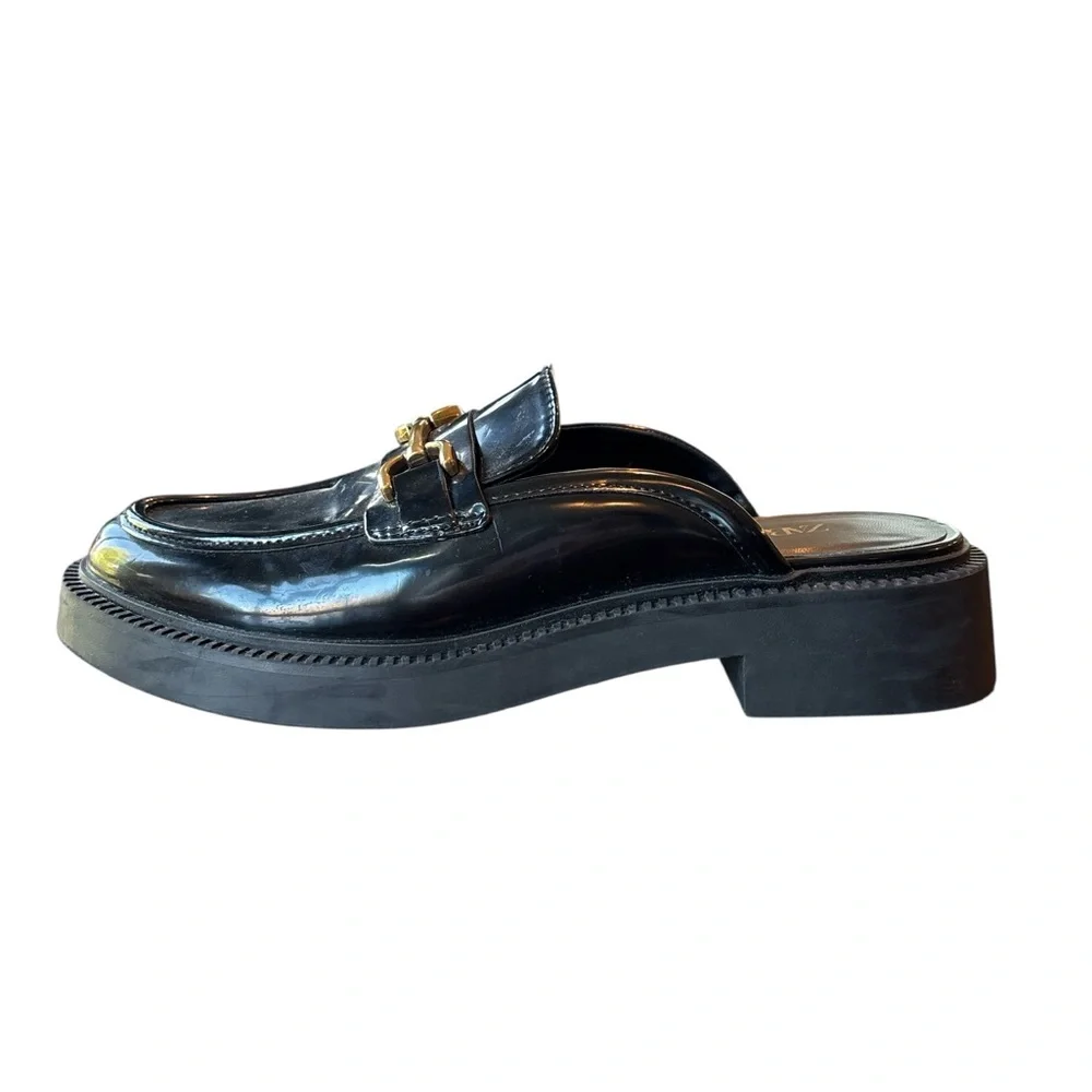 Zara Black Patent Mule Loafers Horsebit Hardware Size 6.5